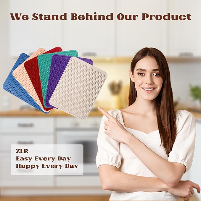ZLR Silicone Dish Drying Mat 12" x 12" Square - Small Heat Resistant Trivet & Countertop Protector for Air Fryer, Coffee Maker - Waterproof Kitchen Drain Pad for Cups, Fruit (Meadow Violet)