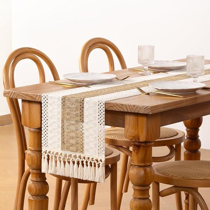 DeZerlor Boho Macrame Table Runner Spring Easter Farmhouse Woven Table Runner with Tassels 72 Inches Ivory& Burlap Brown Cotton Linen Kitchen Table Decor for Dining Dresser Home Tea Table Decor