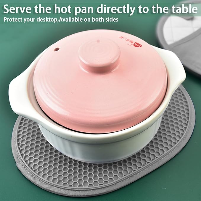 Silicone Pot Holder Set of 2 with Pocket, Heat Resistant Oven Mitts and Non-Slip Ribbed Kitchen Hot Pads for Cooking and Baking - Extra Large Size 9.8 x 7.5 inches, Quilted Lining (Grey)