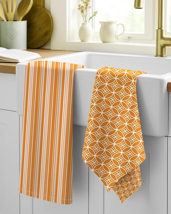 Miss Adola 2 Pack Flour Sack Kitchen Towels - 16x26 Inch Cotton Dish Towels with Hanging Loop Reusable Geometric Boho Modern Retro Tea Towel Absorbent Dishcloths Home Decor, Orange Stripe