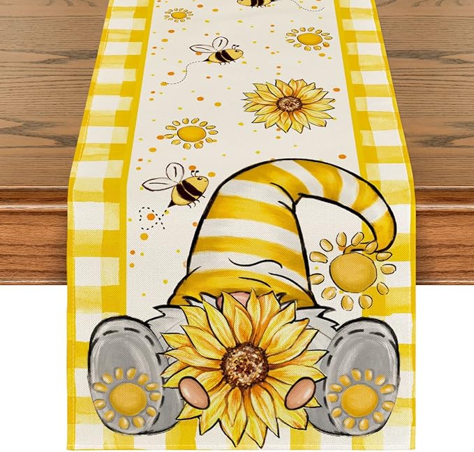 Artoid Mode Yellow Buffalo Plaid Sunflower Gnome Bee Summer Table Runner, Spring Kitchen Dining Table Decoration for Home Party Decor 13x72 Inch