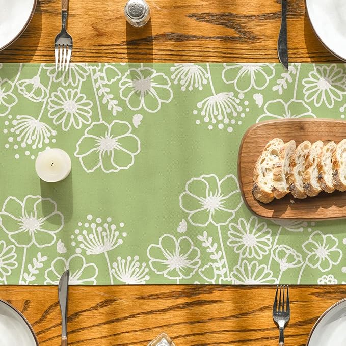 Artoid Mode Green Bloom Flowers Butterfly Spring Table Runner, Seasonal Holiday Kitchen Dining Table Decoration for Home Party Indoor 13x72 Inch
