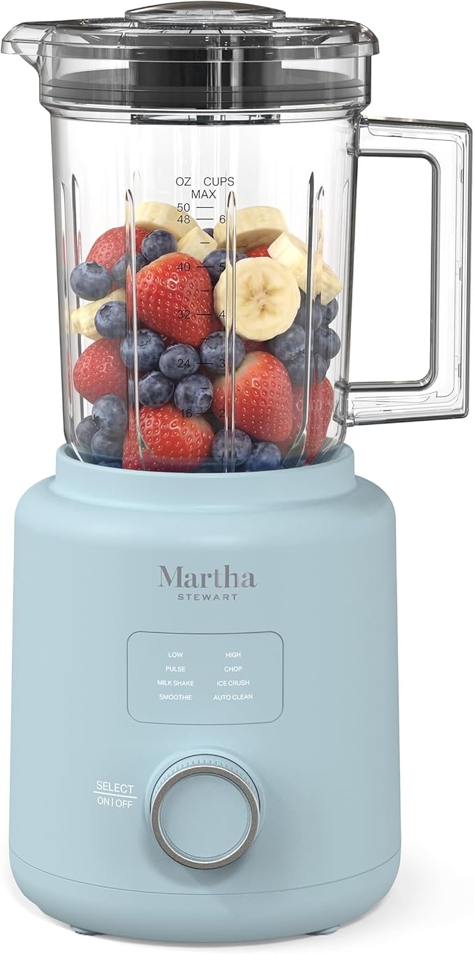 Martha Stewart Countertop Blender, 50oz Jar, 6 Stainless Steel Blades 3 Speeds & 5 Presets, Auto Clean, Smoothies, Crush Ice, Shakes, Chop, Margarita, Measurement Markings, 700W, Sky Blue