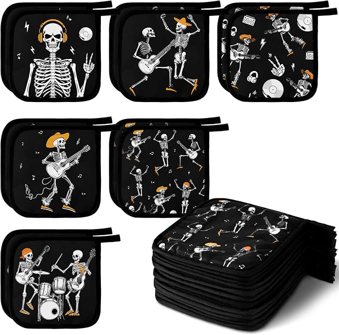 Bencailor 12 Pcs Pot Holders with Pocket Kitchen Hot Potholders Hot Pad Oven Mitts Cookie Bag Oven Gloves for Kitchen Gift Baking Cooking(Dark Black,Skull)