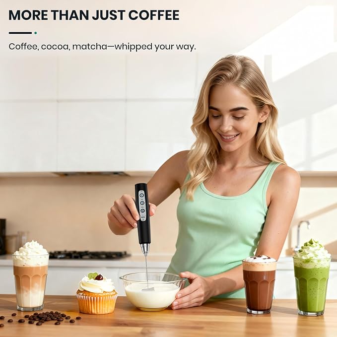 Colarlemo Milk Frother Handheld Rechargeable, Frother Wand Drink Mixer Electric Whisk for Coffee, Detachable With 3 Stainless Whisks, Hand Mixer for Lattes, Cappuccino, Matcha, Egg, No Stand,Black