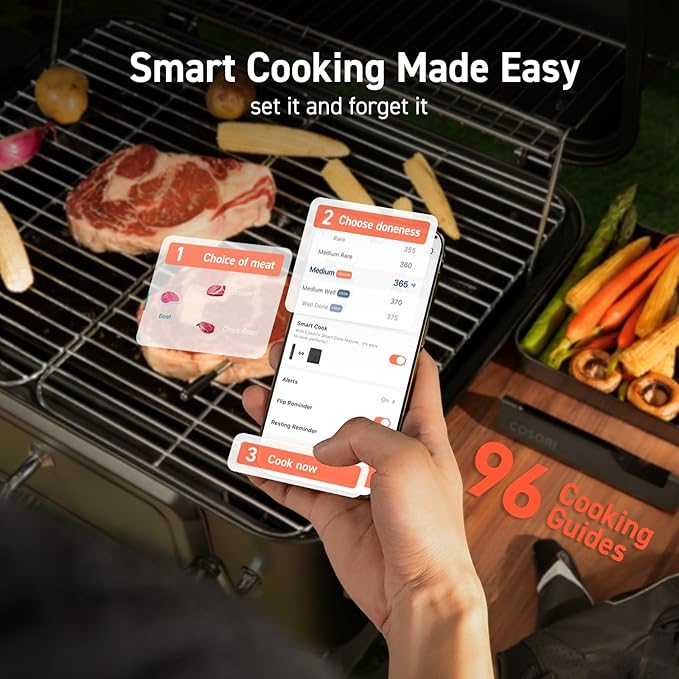 COSORI Wireless Meat Thermometer Digital, Bluetooth Food Thermometer for Grill, Smoker, Oven, Air Fryer for Turkey, Chicken, Steak, Gifts for Men, 90+ Recipes in Free App