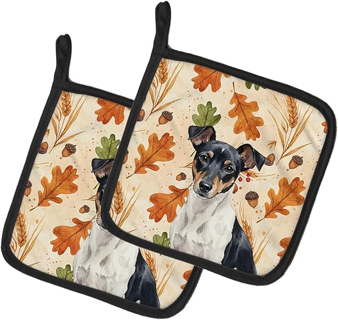 Caroline's Treasures Black and White Rat Terrier Heirloom Fall Pair of Pot Holders Pair 7.5x7.5 Quilted Insulated Hot Pads Decorative Kitchen Gift Made in USA