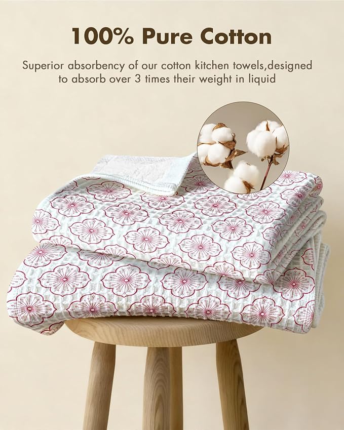 Miss Adola Cotton Waffle Kitchen Towels – Cute 370 GSM 16x25 Inch Terry Cloth Waffle Decorative Dishcloth for Kitchen Set of 2 with Hanging Loop Absorbent Hand Tea Towel for Home Design, Sakura