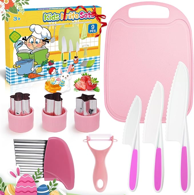 9 Pcs Kids Safe Knife Set for Real Cooking, Kids Kitchen Knife Set with Cutting Board,Crinkle Cutter,Sandwich Cutter, Montessori Kitchen Tools for Toddlers Kid 3-10 Years Old Girl Boy Birthday Gifts