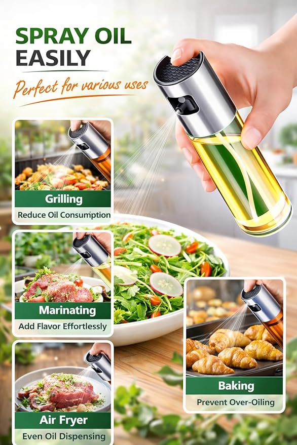 Stainless Steel Oil Spray Bottle | Refillable Kitchen Oil Dispenser with Fine Mist Spray for Olive Oil, Vinegar, Cooking Oils, Grilling, Baking, Air Fryer, and Healthy Cooking | Metallic Silver