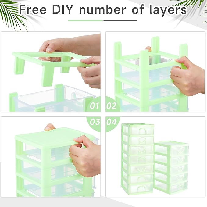 Thyle 2 Pcs Plastic Drawers Organizer Mini Organizer Stackable Plastic Clear Drawer Storage Box Containers Storage Units for Desktop Classroom Craft 6.7 x 4.9 x 13.4 inches(Green)
