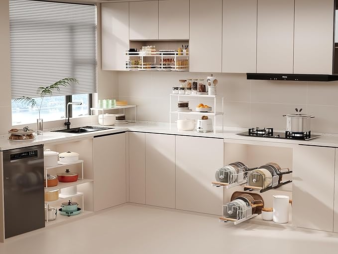 Magheo Expandable Cabinet Shelf Organizer, 1 Pack Stackable Kitchen Counter Shelf Riser, Metal Spice Rack Adjustable Heavy Duty Countertop Organizer Storage for Kitchen, Pantry, Cupboard, Rv (White)