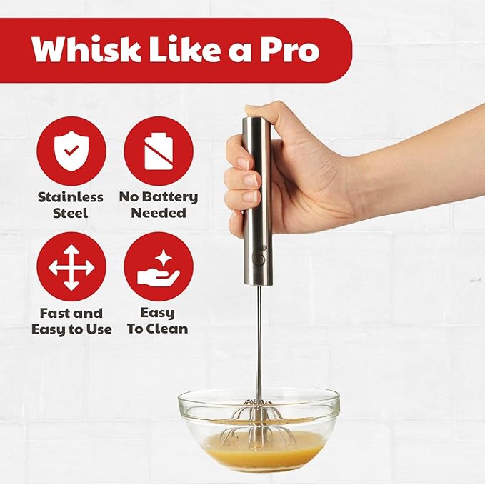 Stainless Steel Egg Beater - Easy to Use Semi-automatic Push-Down Zip Whisker - Rotary Hand Mixer for Beating Eggs, Frothing Milk, Blending, Mixing - Hand Whisk - 2 Pack (12 &14 Inch)
