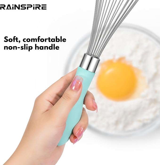 Rainspire 12-Inch Wire Whisk Stainless Steel, Balloon Whisks for Cooking, Wisk Wisking Tool With Soft Silicone Handle, Thick Durable Whisker for Blending, Beating, Whisking, Stirring, Mint Green