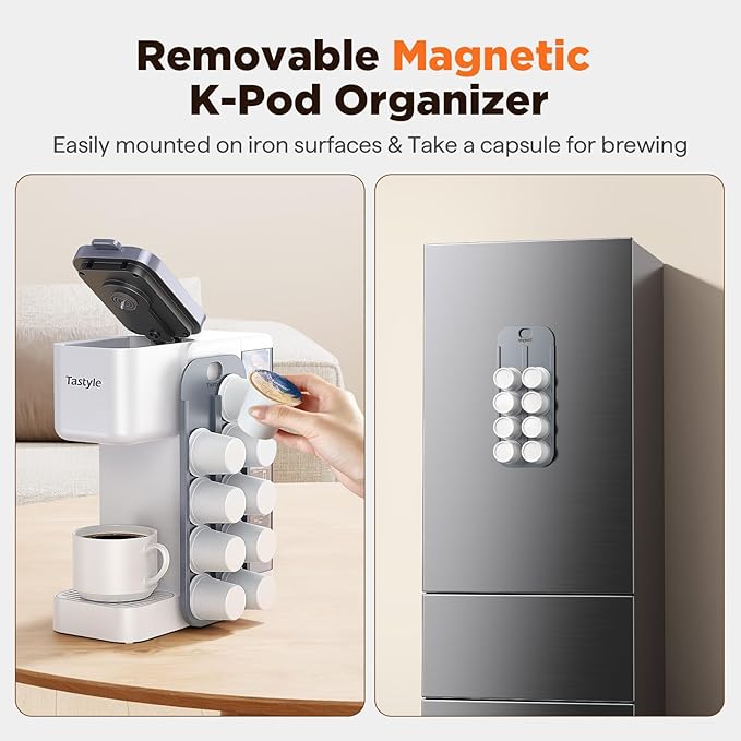 Tastyle Hot & Iced Coffee Maker with Magnetic K-Pod Organizer (Pods Not Included), Stores 10 Pods, 4-5 Cups Coffee Maker & Single-serve Brewer for K Cup & Grounds, 40oz Removable Water Tank, White