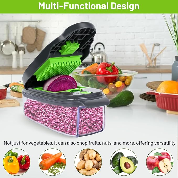 Veggie Chopper 13 in1 Onion Chopper ·Vegetable Chopper with Container · Salad Chopper · Potato cutter – Gift for Home Cooks & Home Essentials (Grey & Green)