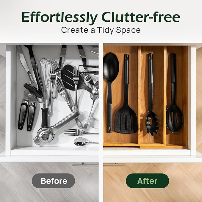 Carbonized Bamboo Kitchen Drawer Organizer, 5 Slots Expandable Silverware Organizer, Utensil Holder & Cutlery Tray, 2.2" Deep for Extra Capacity, Non-Slip Feet Included.