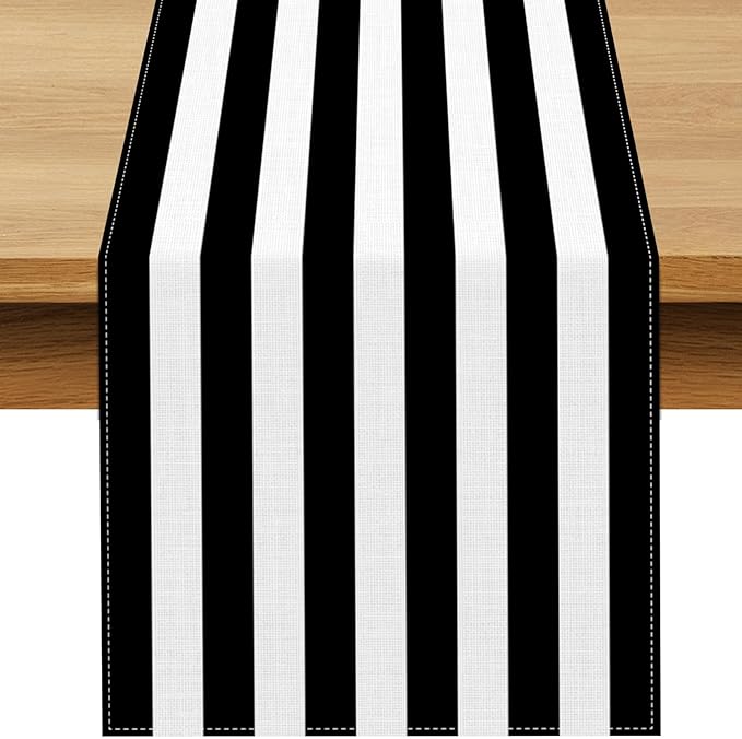 Black and White Cabana Striped Table Runner Birthday Party Decoration Baby Shower Dining Room Home Kitchen Table Decor (Black, 13" x 72")