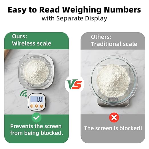 Rechargeable Kitchen Food Scale, Diyife 33lb Wireless Digital Kitchen Scale with Remote Display, 7 Units with Backlit LCD, Magnetic Stand USB Included, for Baking, Cooking, Postage (Round, Silver)