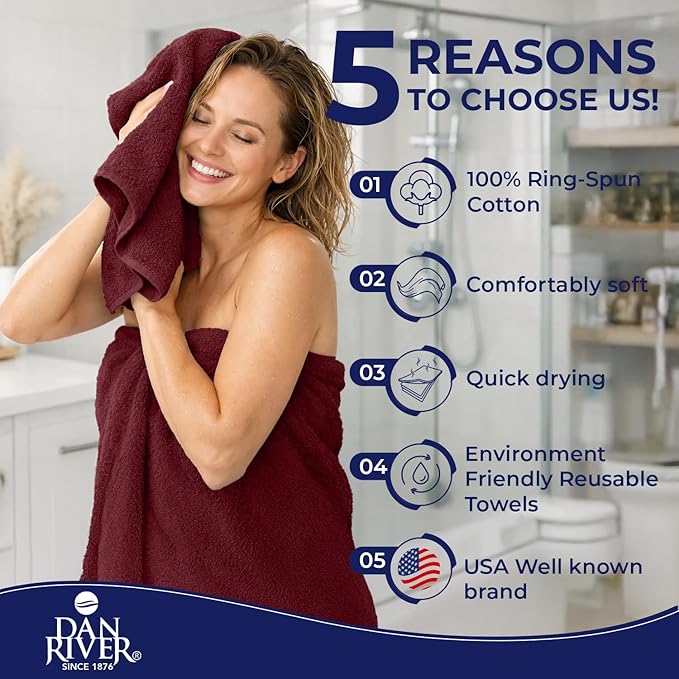 DAN RIVER 8 PC Luxury Bath Towels for Bathroom, 2 Bath, 2 Hand, and 4 Wash Cloths, 600 GSM 100% Ring Spun Cotton Towel Set, Highly Absorbent, Gym, Hotel, and Spa, Pomegranate