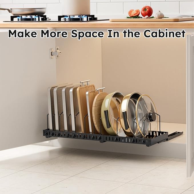 DTUQYX Pull-out Pots and Pans Organizer Under Cabinet - 1 Pack Expandable Pot and Pan Organizer Rack with 12 Adjustable Dividers for Pot, Cutting Board, Dishes, Lid, Baking Tray