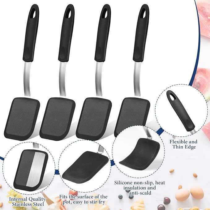 Gejoy 4 Pcs Silicone Cookie Spatula Turner Mini Brownie Spatula Flexible Silicone Spatulas Nonstick Cookware Heat Resistant No Scratch Flipper Baking Utensils for Egg Pancake(Black)
