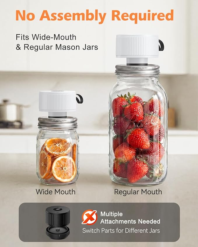 Electric Mason Jar Vacuum Sealer, [2026 Upgraded] One-Piece Handheld Vacuum Sealer Kit for Wide & Regular Mouth Jars, Portable Cordless Sealer for Food Storage, Homesteading & Meal Prep