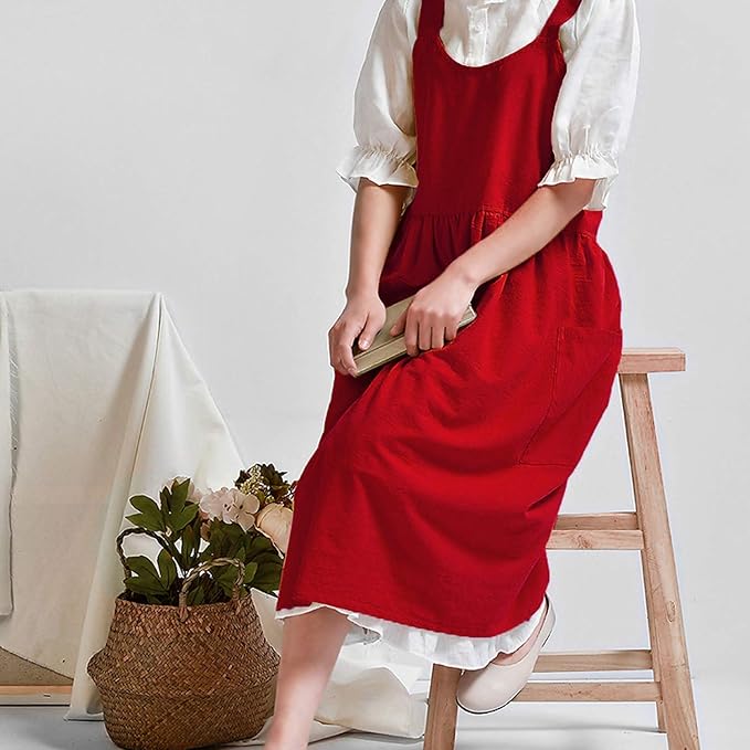 Uaussi Cotton Linen Apron Cross Back Work Apron for Women with Pockets Pinafore Dress X Cross Halter Apron for Chef Gardening