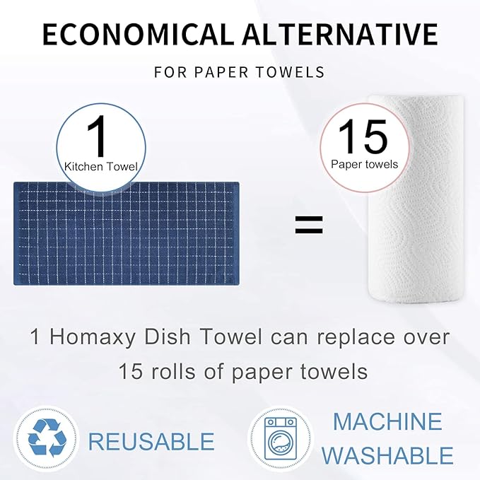 Homaxy Kitchen Towels and Dishcloths Set, 12 x 12 and 13 x 28 Inches, Set of 10 Bulk Cotton Terry Kitchen Towels Set, Checkered Designed, Soft and Super Absorbent Dish Towels, Navy Blue