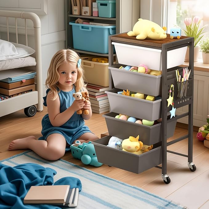 Rolling Cart with 5 Drawers, Plastic Drawer Storage Carts with Wheels & Wooden Tabletop, Metal Utility Cart with Pegboards, Office Living Room Classroom Craft Organization and Storage, Dark Grey