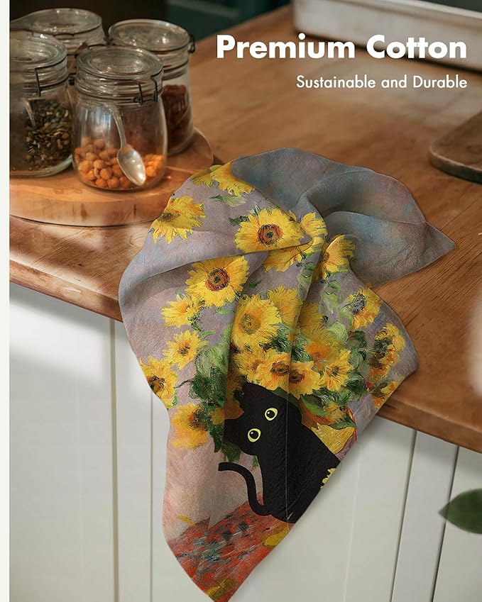 Miss Adola Flour Sack Kitchen Towels - Set of 2 Cotton Dish Towels with Hanging Loop Decorative 18x26 Inch Absorbent Cute Design for Housewarming Gifts, Cat Blossom