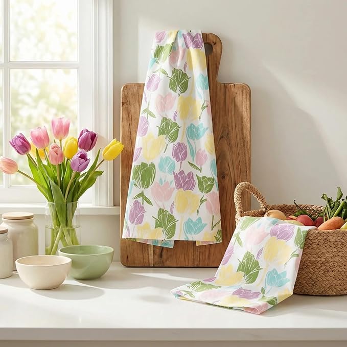 Urban Villa Collection Kitchen Towels Tulip Flowers Multi Color Premium Quality,100% Cotton Dish Towels, Mitered Corners,(Size: 20X30 Inch), Highly Absorbent Bar &Tea Towels - (Set of 6)