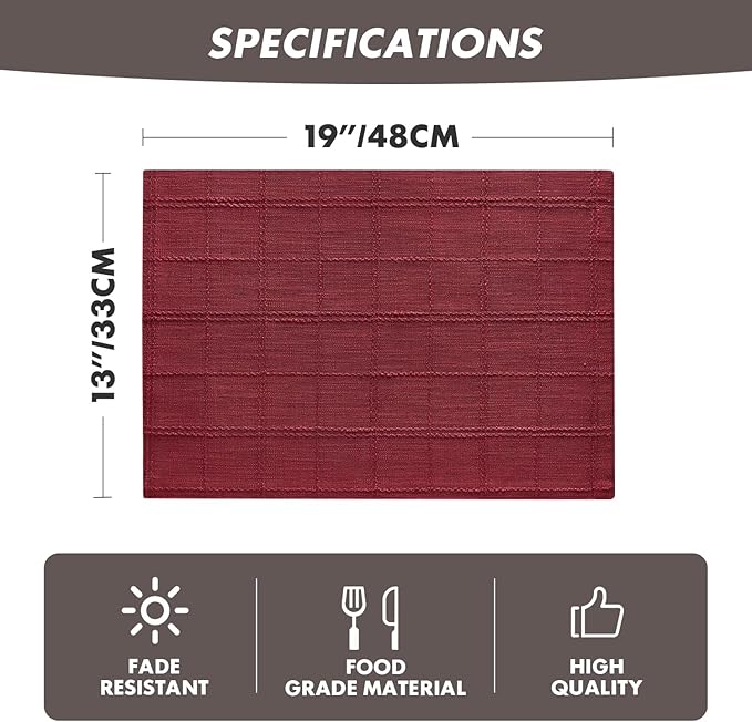 ZeeMart Linen Checked Placemats Set of 6, Plaid Embroidery Textured Table Mats, Double Layer Thick Farmhouse Rustic Place Mats for Kitchen Dining Table Home Decor, Burgundy 13x19 Inch