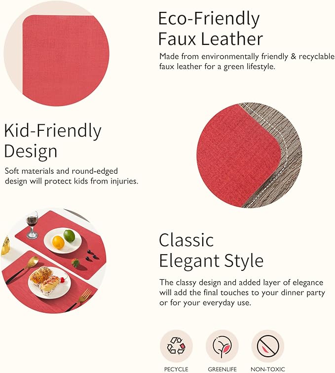 Maxpearl Red Placemats Set of 6, Faux Leather Dining Table Mats -Waterproof - Wipe Clean - Heat Resistant - Anti Slip, Suitable for Indoor & Outdoor Use, 17''×12''