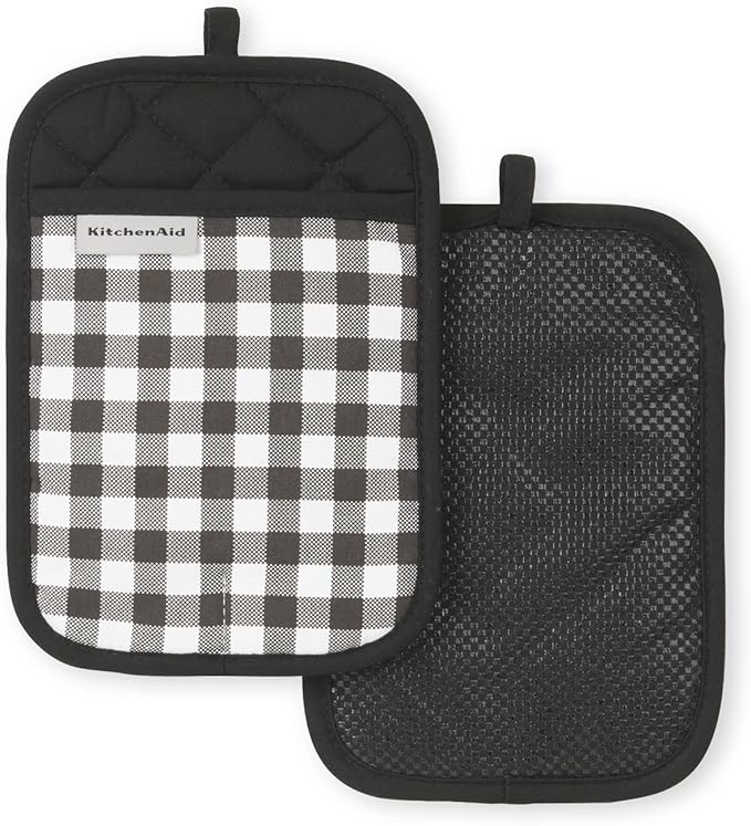 KITCHENAID Gingham Pot Holder 2-Pack Set, Matte Black, 7"x10"