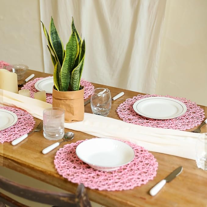 AHHFSMEI Paper Braided Round Placemats Set of 8 Natural Non-Slip Heat Resistant Table Mats for Dining Tables Woven Indoor Outdoor Place mats(Pink,8)