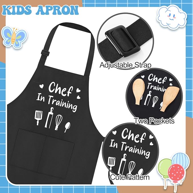 3 Pack Kids Apron for Cooking Adjustable Kids Chef Kitchen Funny Aprons with Pockets for Boys Girls Painting Baking
