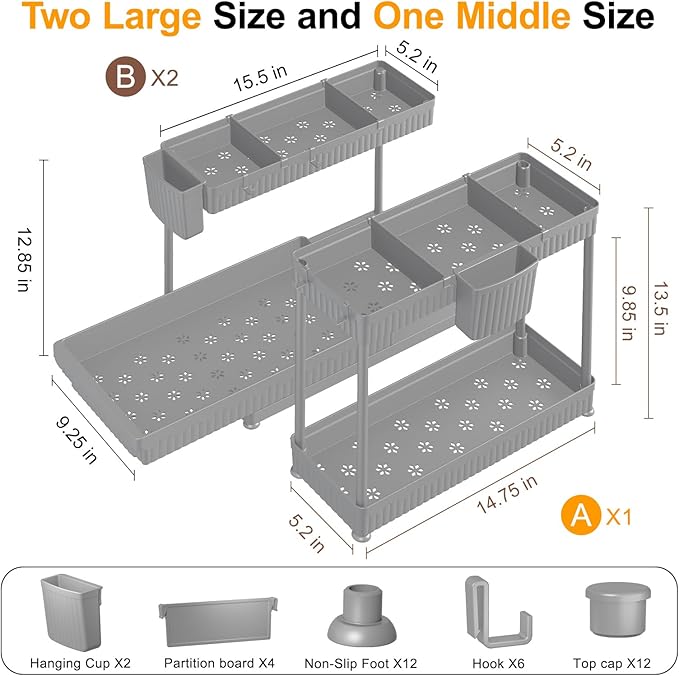 Sevenblue 3 Pack Multi-Purpose Under Sink Organizers and Storage, 2026 L-Shaped Pull Out Cabinet Organizer for Bathroom & Kitchen, Under Cabinet Organizer with Hooks Hanging Cup (Grey, 12.85 inch)