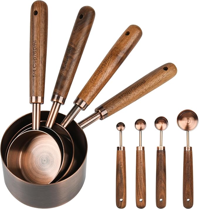 Smithcraft Copper Measuring Cups & Spoons Set 8, Stainless Steel Measuring Cups and Spoons Set for Baking and Kitchen, Metric & US Metal Measure Cup & Spoon with Wood Handle for Dry & Liquid