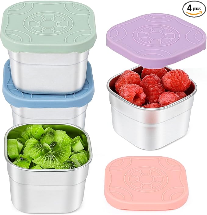 Caperci 4-Pack Stainless Steel Snack Containers with Silicone Lids - 4.7oz Reusable Small Food Containers for Snacks Condiments, Salad Dressing Container, Leak-Proof, BPA-Free