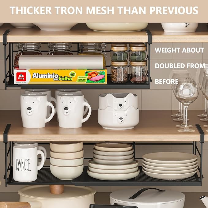 Expandable Under Cabinet Shelf, Extendable Under Shelf Storage with Removable Wire-Like Back for Pantry Cabinet, Laundry Room, Shoe Rack. (Black, 1 Pack, Interior: 5" H x 10" D)