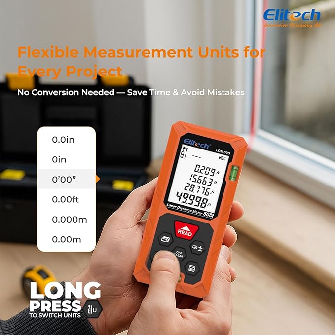 Elitech Laser Measuring Tool 165ft with Mute, Ft/in/M Switching for Home Renovation & DIY