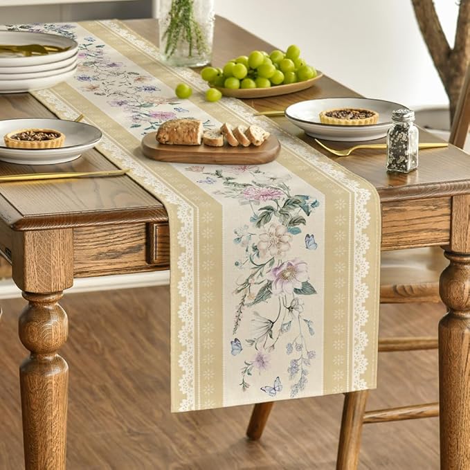 Artoid Mode Yellow Printed Lace Floral 210 GSM Spring Table Runner, Seasonal Summer Kitchen Dining Table Decoration for Home Party Decor 13x72 Inch