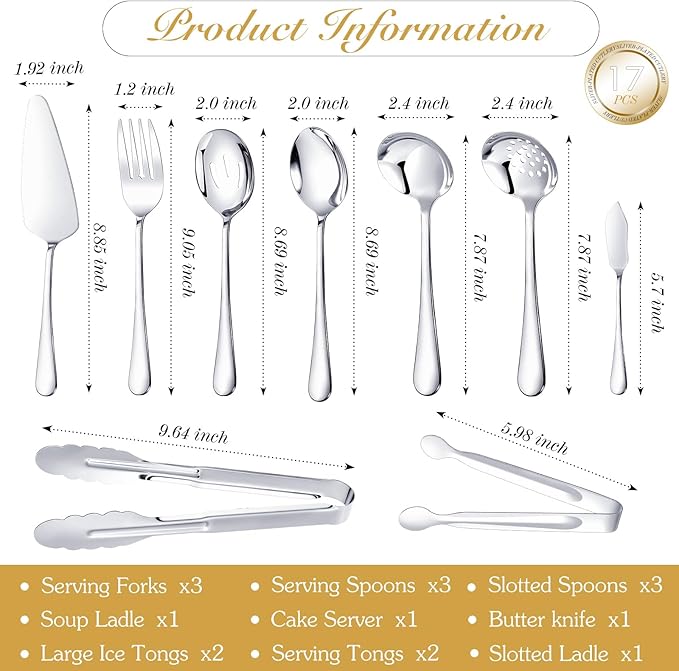 Mwellewm 17Pcs Serving Utensils, Silver Stainless Steel Serving Spoons, Slotted Spoon, Fork, Tongs, Cake Pie Server, Soup Spoon Metal Buffet Banquet Cutlery Set for Parties Entertaining Catering