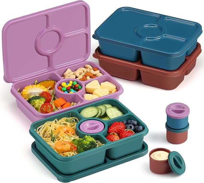 Bento Snack Box Containers, Reusable Meal Prep Lunch Containers for Adults Kids, Stackable Bento Snack Box 4 Pack, Divided Lunchable Food Storage Containers with Sauce Container, Dark Purple