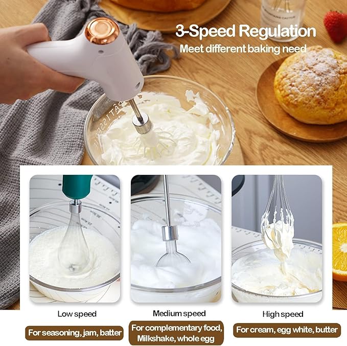 Electric Hand Whisk, USB Rechargeable, Wireless Portable Egg Beater with 2 Detachable Whisks with 3 Speed Modes for Eggs/Milkshake Cream/Butter/Baby Food, Fit for Kitchen/Camping/Gifts (White)