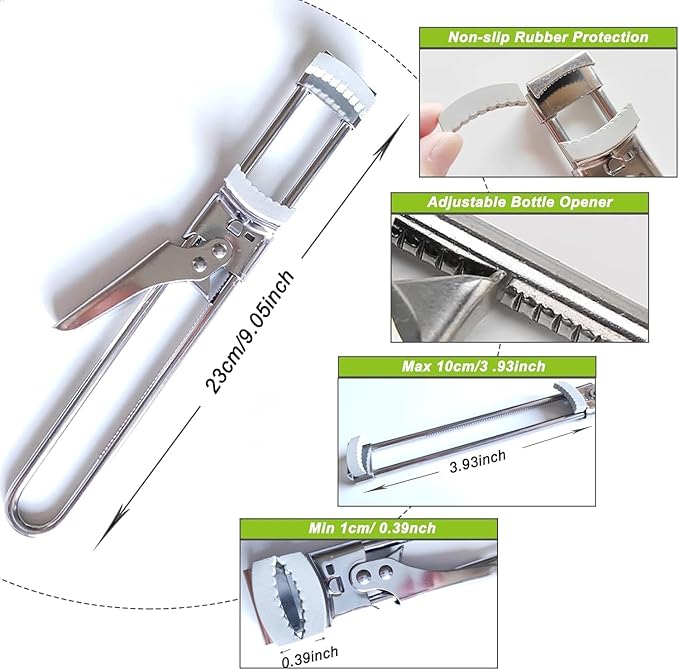 Adjustable Stainless Steel Jar Opener for Seniors, 2 Packs, Manual Can Opener & Bottle Opener Set for Weak Hands, Easy Grip Jar Opener Gripper for Arthritis and Limited Hand Strength