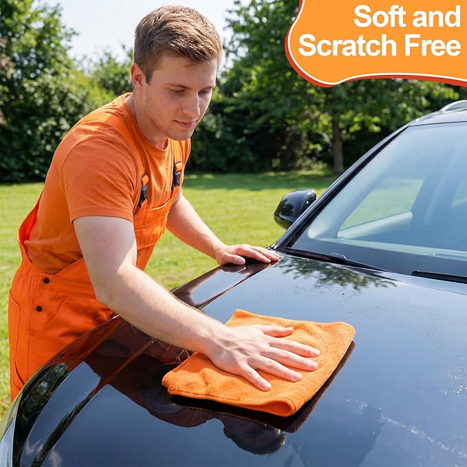 Nuenen Microfiber Cleaning Cloths for Cars 16 x 16 Inch Ultra Absorbent Car Towels Drying Reusable Cleaning Supplies House Kitchen Window Microfiber Towel (Orange,60 Pcs)