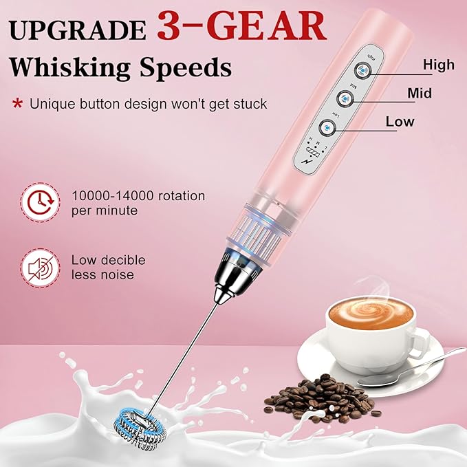 BSRGMS Milk Frother Handheld for Coffee, Electric Whisk 3 Speed Adjustable, Drink Mixer with Stainless 3 Whisks, Rechargeable Hand Frother Wand, Foam Maker for Latte Cappuccino Hot Chocolate Egg Pink