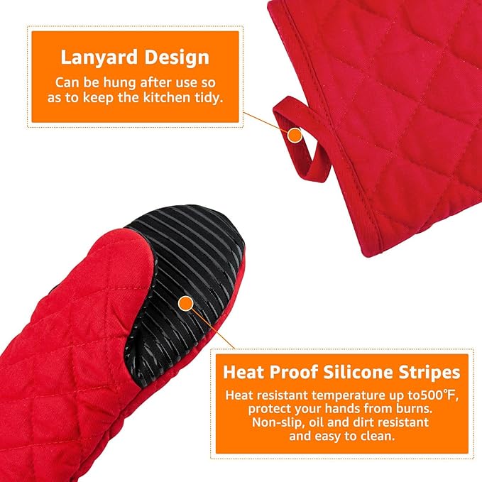 Puppet Oven Mitts Red Cotton Silicone Non-Slip Long Sleeve Arm Soft,Oven Gloves for Women Mum Hot 500℉ Heat Resistant Hand Safe Microwave Home Kitchen Chef Cooking Baking Cookie 13" 2 Pack